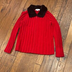 Red Sweater with Black Faux Fur Collar